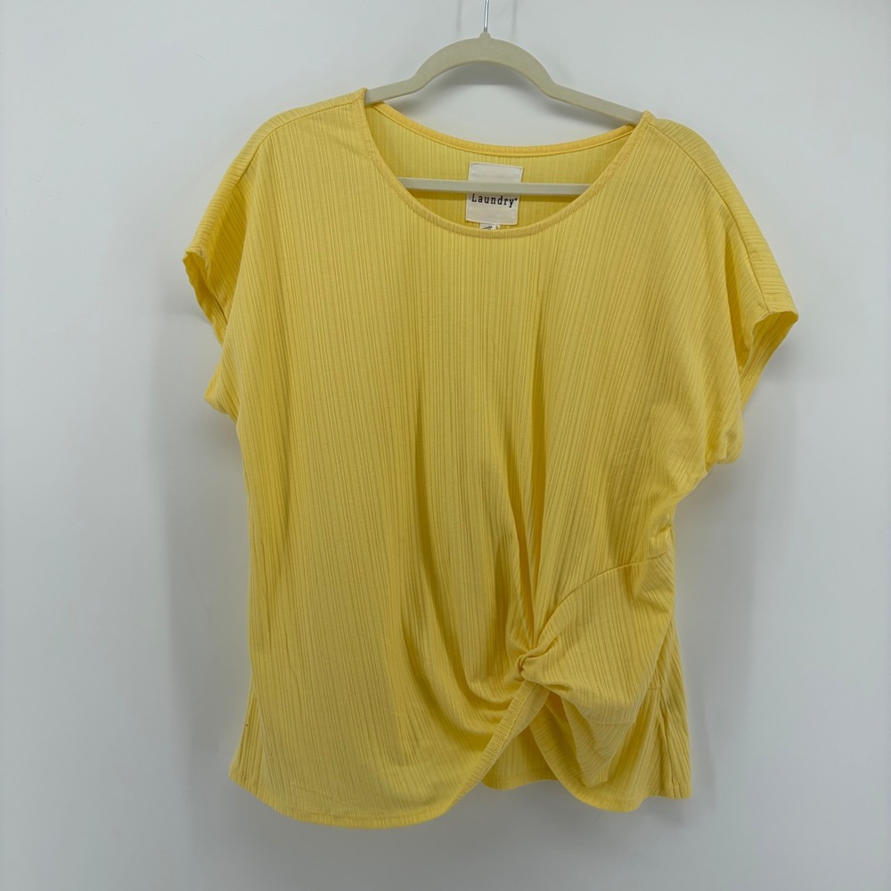 New York Laundry Womens Large Yellow Top Ribbed Front Knot Short Sleeve Blouse
